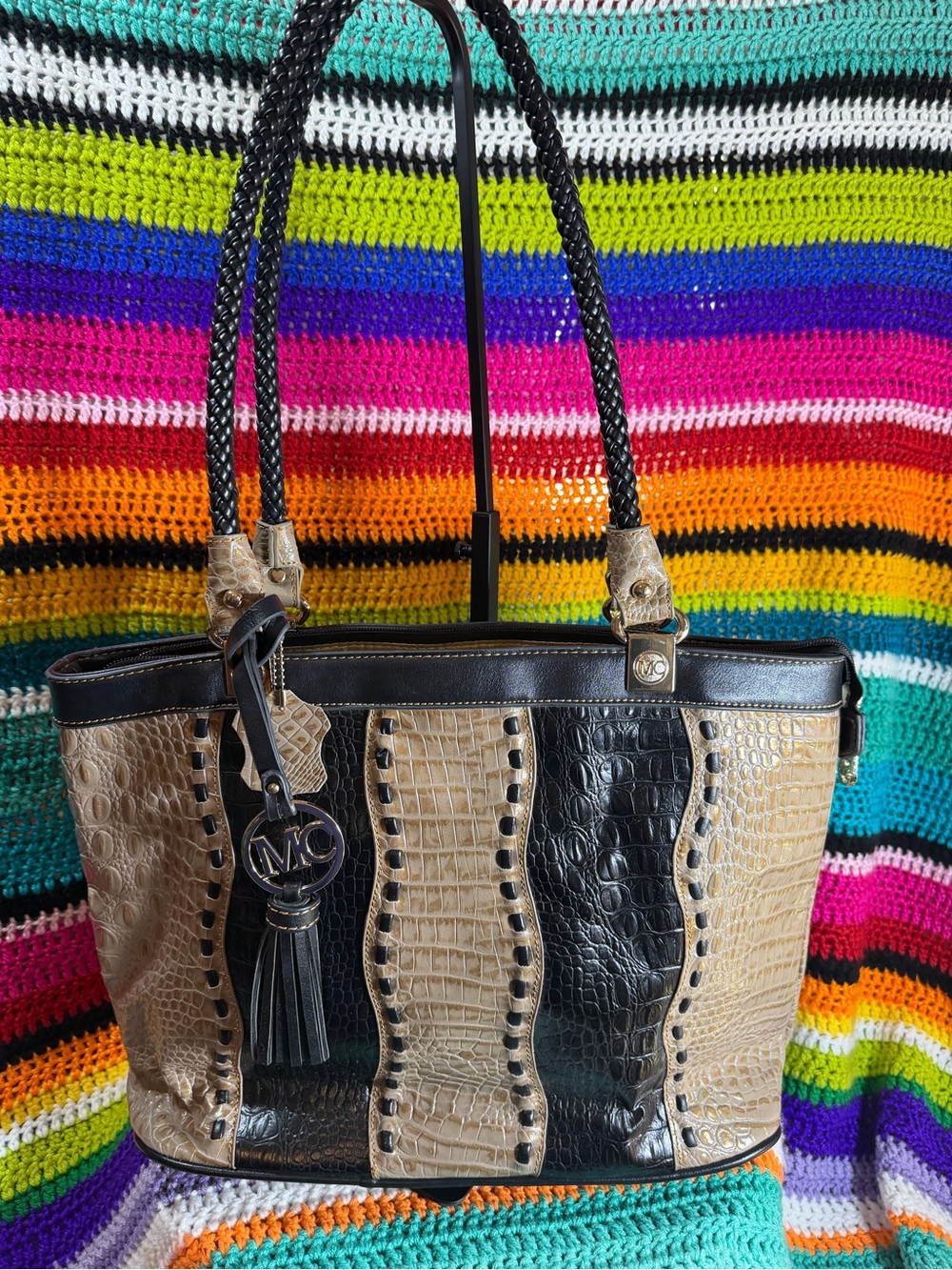Designer Two-Tone Croc-Embossed Shoulder Tote in Black and Taupe